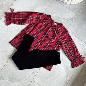 Crew cut plaid ruffle neck blouse and velour leggings